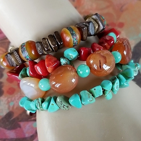 Hand Crafted Boho Tibetan Agate, Turquoise and Amber Wrap Bracelet - Picture 12 of 16